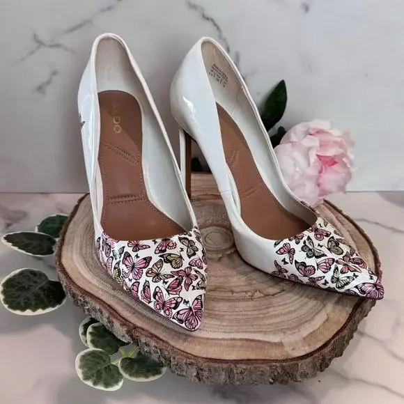 ALDO Lala Pointed Toe Stiletto Pump in White Butterfly Multicolor, Womens 7.5 - Picture 1 of 8
